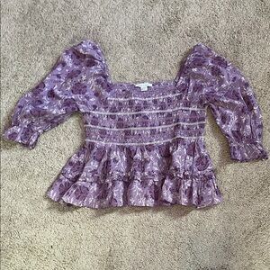 Floral Smocked Peplum Top with Puff Sleeves in Purple